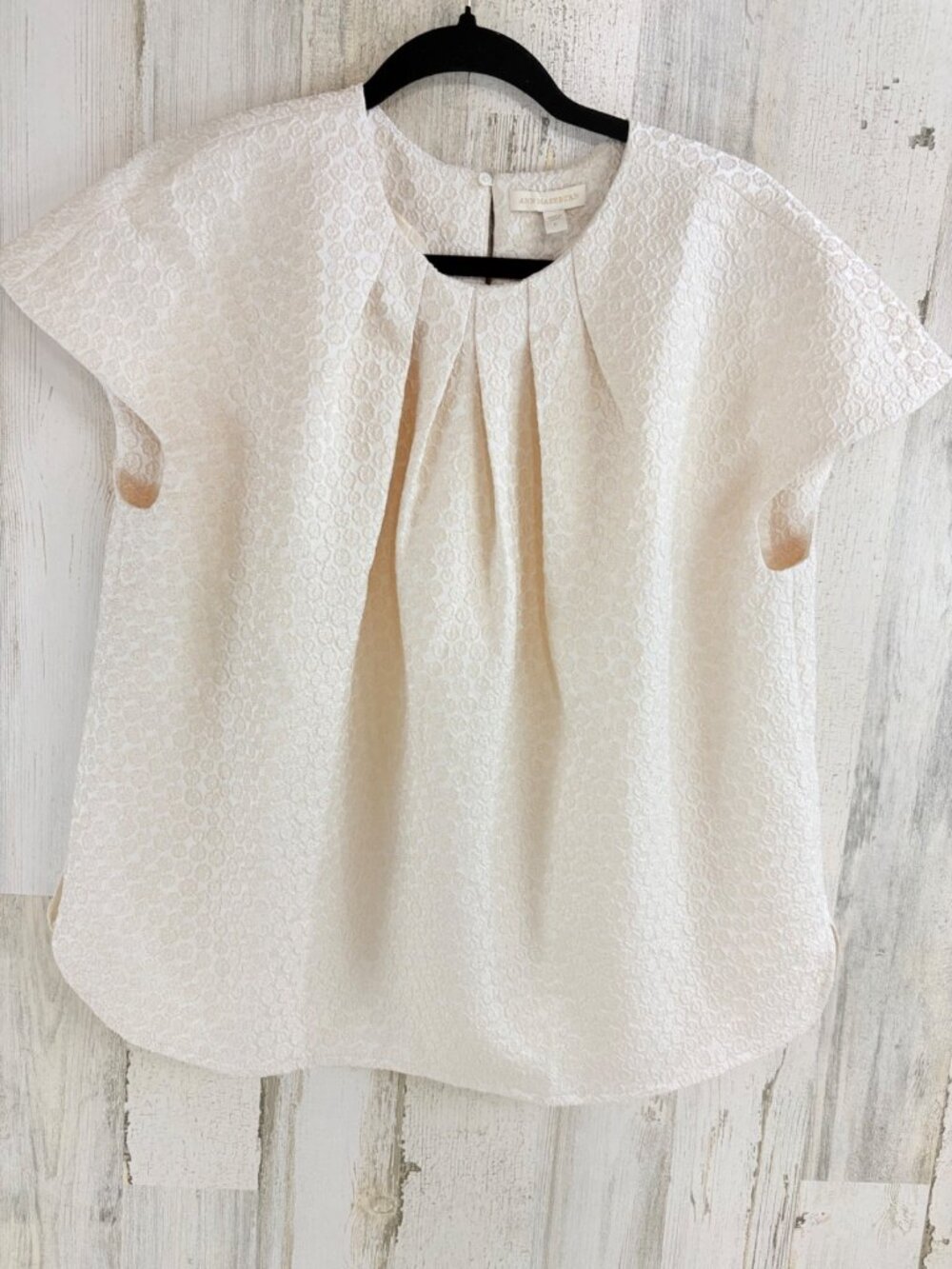 Ann Mashburn Sz L Celia Top Ivory Metallic Floral Stretch Jacquard EUC